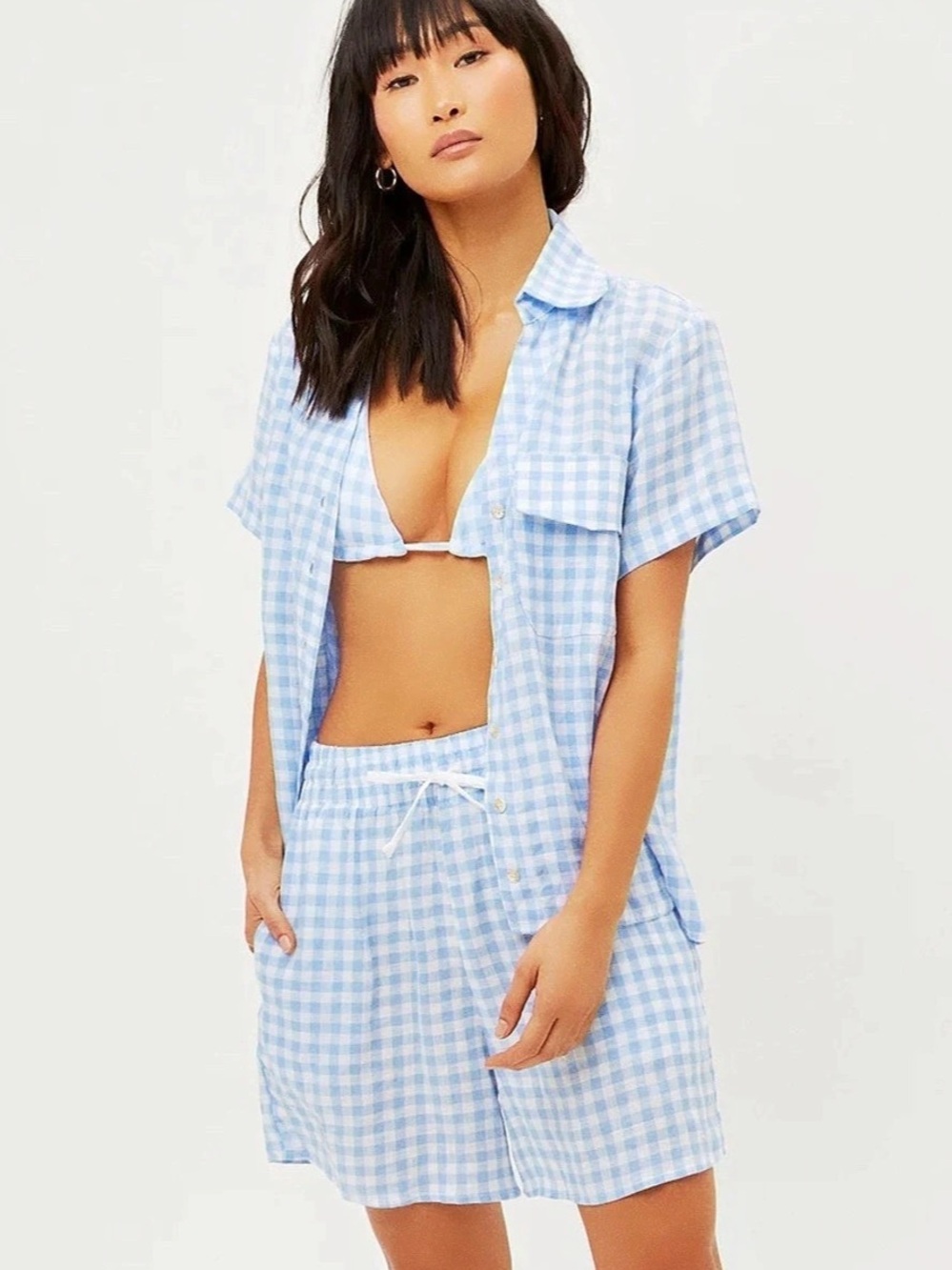 π FRANKIES BIKINIS Lou high waist linen gingham shorts in Bluebell blue size XS - Picture 7 of 7